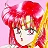 Pixelated image of a character with red hair styled in large pigtails, wearing a white outfit with red accents, set against a pink background.