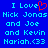 Blue background with cyan pixelated text reading "I Love Nick Jonas and Joe and Kevin Mariah.<33" featuring a red heart symbol replacing the 'o' in 'Love'.