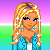 Pixel art contact sheet showing a blonde female character in blue patterned top and dark pants with white star accents, displayed across four frames on gradient background.