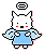 Pixel art angel with white cat-like head, red cheeks, black eyes and mouth, light blue dress, translucent wings, halo above; left side shows full body, right side cropped at torso.