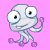 Two pixelated frames of a light gray cartoon jellyfish-like character with large white eyes and purple tentacles waving against a solid pink background.