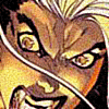 Two anime-style character faces in close-up, one with brown skin and yellow eyes on the left, another with light gray hair and green eyes on the right, both showing aggressive expressions.