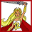 Pixelated She-Ra character in three sequential poses with red border, showing weapon raised, hand on chest, and close-up face.