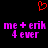 Red pixelated heart symbol above two identical purple text phrases on black background.