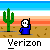 Pixel art animation of a blue-clad character with white skull face raising hand in desert scene, cactus and striped sky background.
