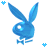 Blue pixelated bunny head with long ears and bow tie, two small blue star icons on white background.
