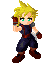 Pixel art character with spiky blonde hair and green eyes, wearing dark blue outfit and brown boots, holding a large sword in various poses with red-orange flame effects.