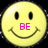 Three yellow smiley face icons with black eyes and mouths, each displaying different pink text: BE, HAPPY, and HAPPY!!! against a dark background.