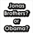 A four- with text and images: top-left asks "Jonas Brothers? or Obama?", top-right shows three people outdoors, bottom-left says "WHO CARES? bottom-right states "They're both lovable dorks!"