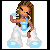 Pixel art contact sheet showing two frames of an animated AIM buddy icon: a cartoon woman holding a blue object on the left and solid light-blue background with "BRUNETTE" text on the right.