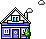 Pixel art house with blue and white walls, black-and-white checkered roof, chimney emitting smoke, green tree beside door, three clouds in gray background.