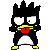 Pixelated cartoon penguin with black spiky hair, white eyes, yellow beak, red tongue, black body, white belly, yellow feet, and a static pose.