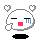 Pixelated white circular character with closed eyes, red square mouth, and blue tear streaks; four heart shapes float above the head against a gray background.
