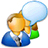 Pixelated figure in blue suit with white shirt and dark tie, holding green object near light blue speech bubble.