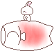Pixelated white rabbit with pink inner ears and blush stands atop a white and pink gradient shape with brown outline.