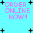 Pixelated cyan background with pink text and black starbursts; text reads 'ORDER ONLINE NOW!!' in four quadrants.