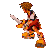 Pixelated character in red and orange attire holding a sword, shown across four sequential poses on gray background.