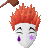 Pixelated character with spiky orange hair, white face mask, purple teardrop and star on cheeks, brown hammer held above head in four variations showing color changes.