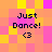 Pixelated of orange, yellow, and pink squares with four identical text blocks reading "Just Dance! <3" in dark blue