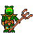 Pixelated green character with glowing eyes holds orange trident in various poses against gray background.