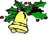 Two yellow bells with green holly leaves and red berries on a gray background, one bell slightly shifted right.