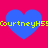 Four blue heart shapes on a bright pink background with yellow text reading "CourtneyH59" overlaid on each heart.