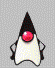 A cartoon character with a black cone-shaped head, red circular eye, and white body performs sequential hand gestures against a gray background.