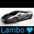 Pixelated grayscale image of a sleek sports car with visible headlights and side windows, positioned above blue text reading 'Lambo' next to a solid blue heart symbol on black background.