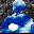 Blue and white pixelated figure with circular head and rounded body, white circular shapes on chest and limbs, dark speckled background, static and animated variations.