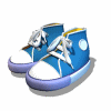 Blue high-top sneakers with white laces, white toe caps, and purple soles displayed in multiple angles against a white background.