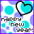 Pixelated heart icon with 'happy new year!' text on a blue-purple polka dot background, showing animation changes in text and heart position.