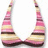 A bikini top with pink, brown, and beige stripes on a light blue background with pixelated text.