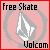 Pixelated icon with red border, pink background, gray circular outline, white flame-like symbol, and black text reading 'Free Skate' top and 'Volcom' bottom.