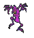 Four pixelated frames of a purple animated character with multiple limbs and glowing eyes against a gray background.
