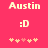 Pixelated text 'Austin' above a smiley face and four heart symbols on a solid pink background.