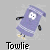Pixelated purple character with white eyes and black limbs in four distinct poses against gray background, each showing different text overlays.