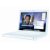 A pixelated image of a laptop with a dark blue frame and white screen area, showing a blurred interior view with indistinct shapes and colors.