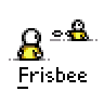 Animated contact sheet of a yellow stick figure character performing various actions with a smaller companion figure, labeled "Frisbee" beneath each frame on gray background.