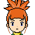 Pixel art contact sheet showing two frames of an animated character with orange spiky hair and blue eyes, one frame with open eyes and the other with closed eyes.