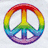 Rainbow-colored peace symbol icon with red, orange, yellow, green, blue, and purple hues on a light gray background.