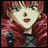 Pixelated anime-style character with red hair and red striped clothing, next to black background with white text.
