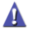 Two blue triangular warning symbols with white exclamation marks and circular dots, side-by-side on a plain background.