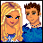 Pixel art contact sheet showing two cartoon characters with text elements on blue and gray backgrounds.