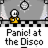 Animated contact sheet of a pixel art character running across multiple frames with repeated text "Panic! at the Disco" below each frame.