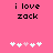 Pixelated text 'i love zack' on pink background with white and light pink heart symbols below.