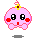 Four pixel-art frames of a pink spherical character with red cheeks, black eyes, and a yellow-and-brown crown-like top, showing facial expression changes.