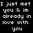 A static image displays the phrase "I just met you & im already in love with you" in white pixelated text on a black background, with red highlighting on different segments across three
