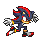 Four pixel-art frames of a blue hedgehog with red accents in dynamic poses against gray background, showing running and attack animations.