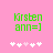 Green pixelated text 'Kirsten ann=]' on pink background with white and light pink heart symbols below, two variations of symbol arrangement.