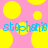 Pixelated text 'stophania stophania' in blue-green gradient on pink background with yellow circles.